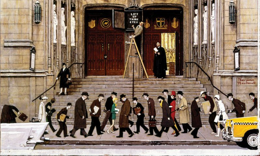 Illustration of people walking past a church entrance, street scene, urban daily life