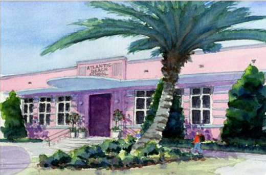 Watercolor of Atlantic Beach School building with palm tree, pink facade, goruck.mommunity setting.