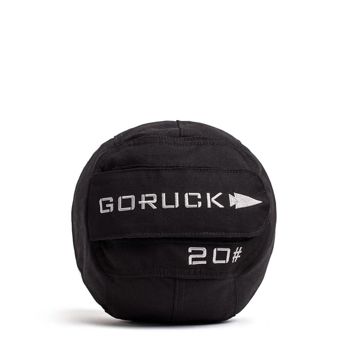 GORUCK 20lb ruck sandbag fitness gear, black, with white logo, on white background