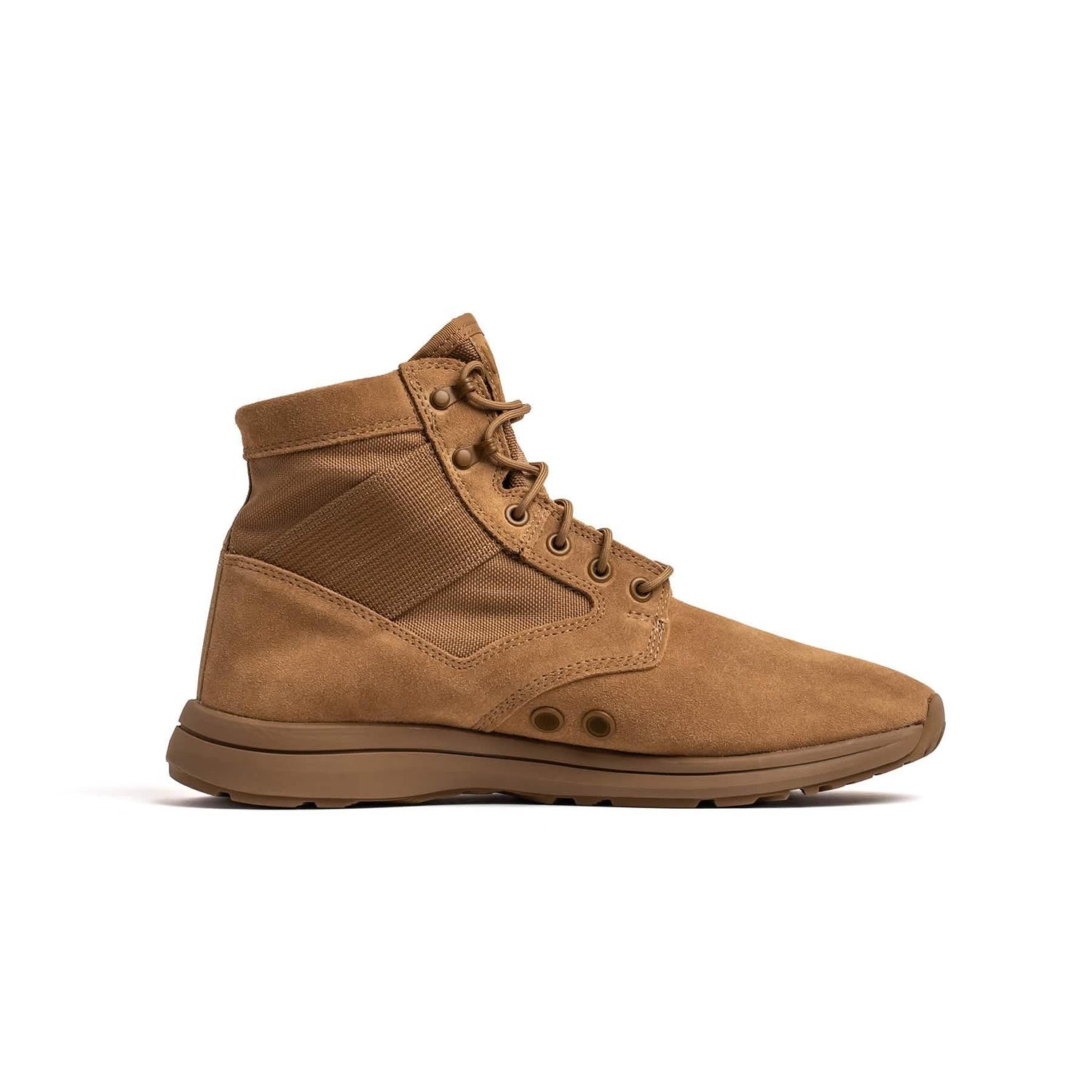 GORUCK brown suede rucking boot with rugged sole, side profile on white background