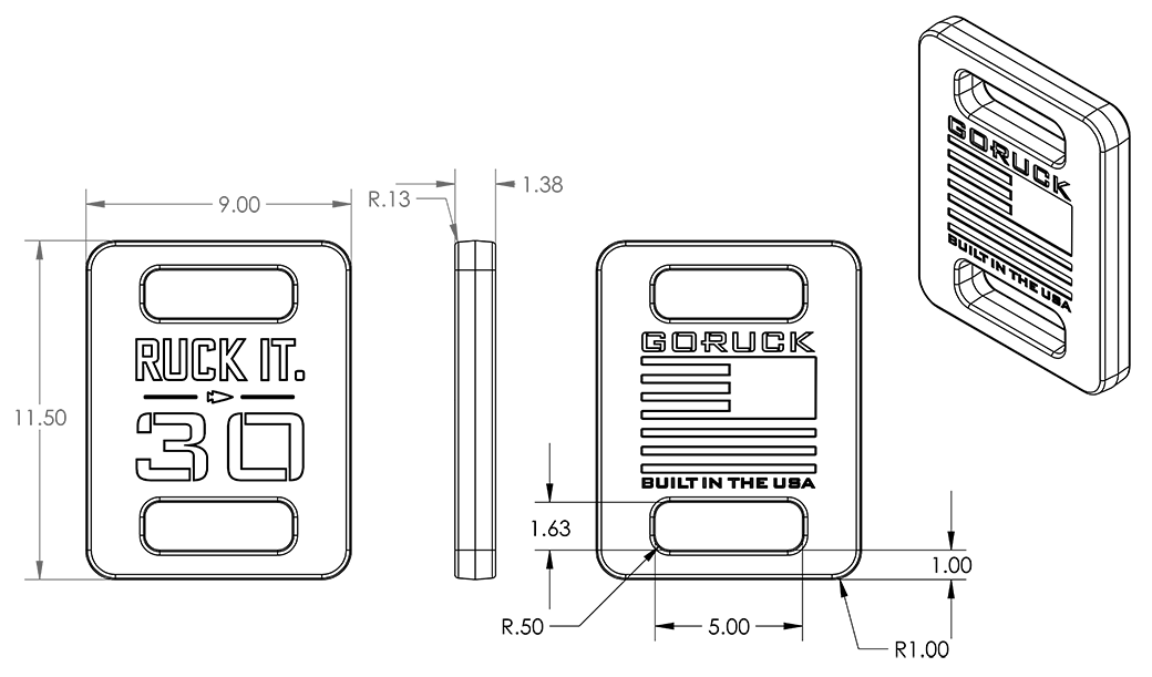 Technical drawing of a rectangular weight plate labeled “Ruck It 30,” with detailed dimensions and text.