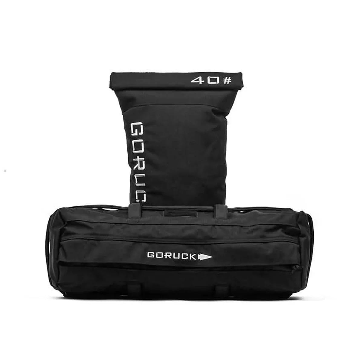 GORUCK 40LB black sandbag kit with filler bag, rugged rucking gear on white background.