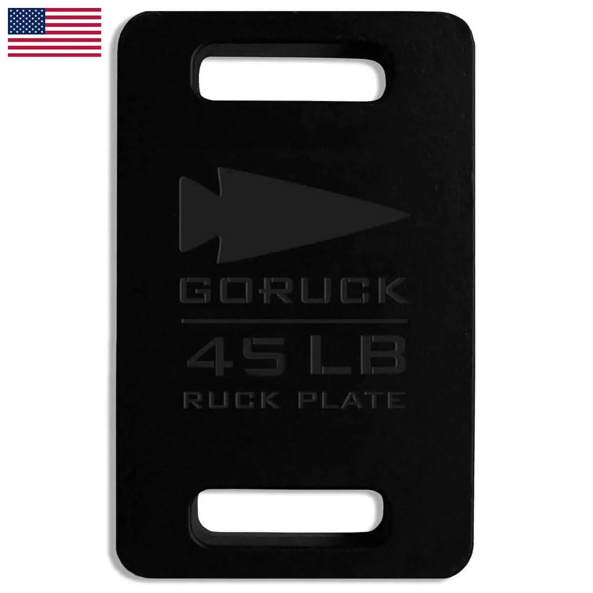 GORUCK 45 LB ruck plate, black metal weight with handles and arrow logo, American flag in corner
