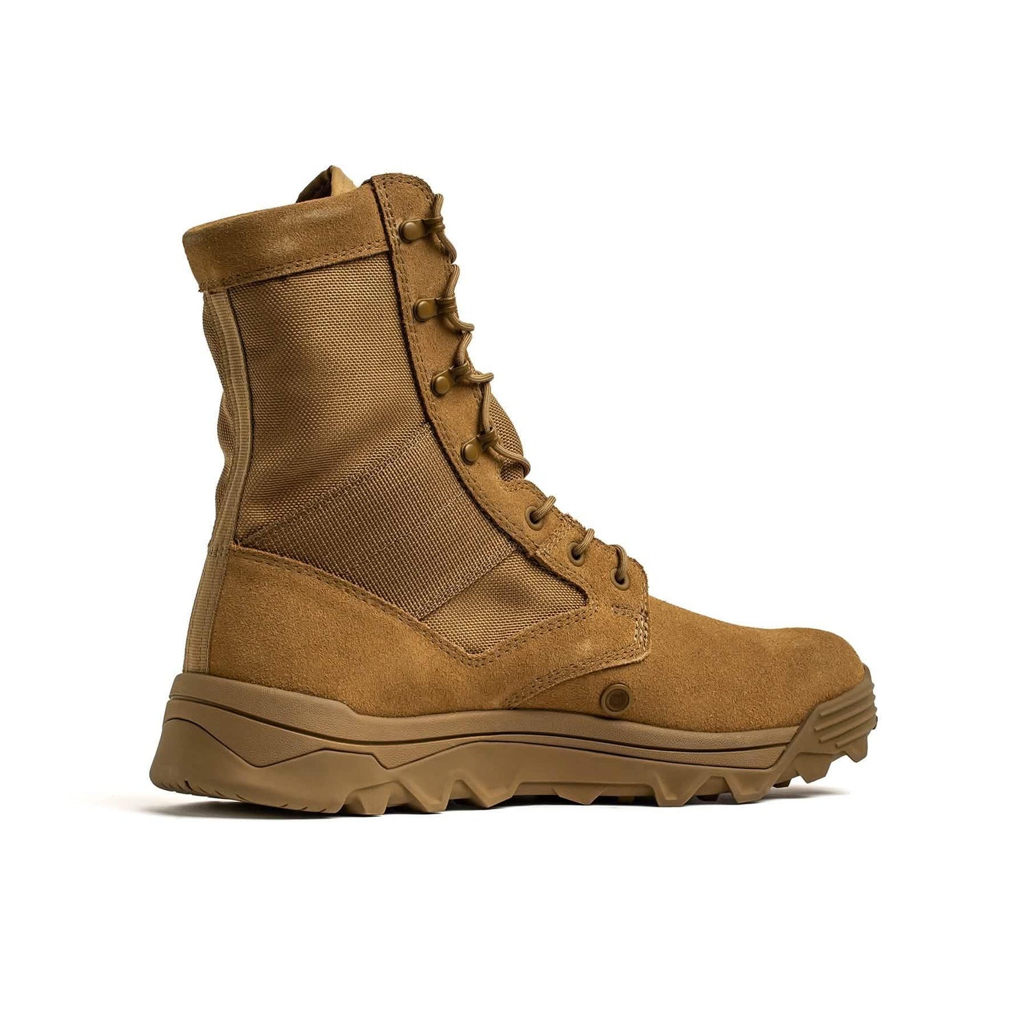 GORUCK tan rucking boot with rugged sole, durable canvas and suede upper, side profile view
