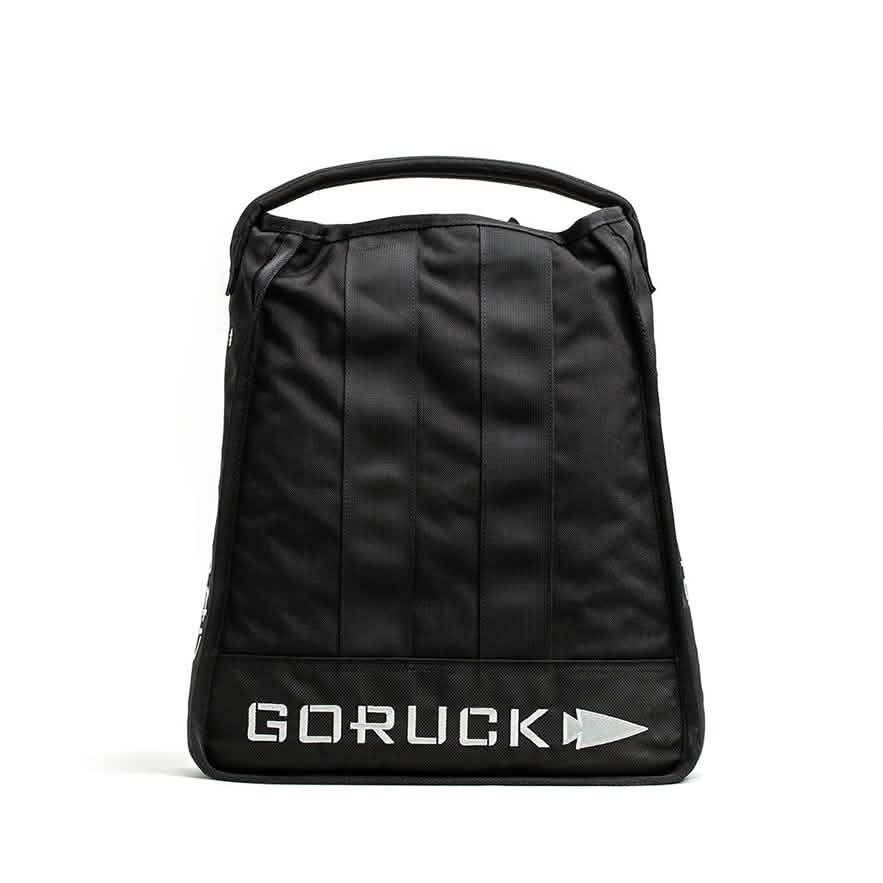 GORUCK black rucksack with logo, durable tactical rucking backpack on white background