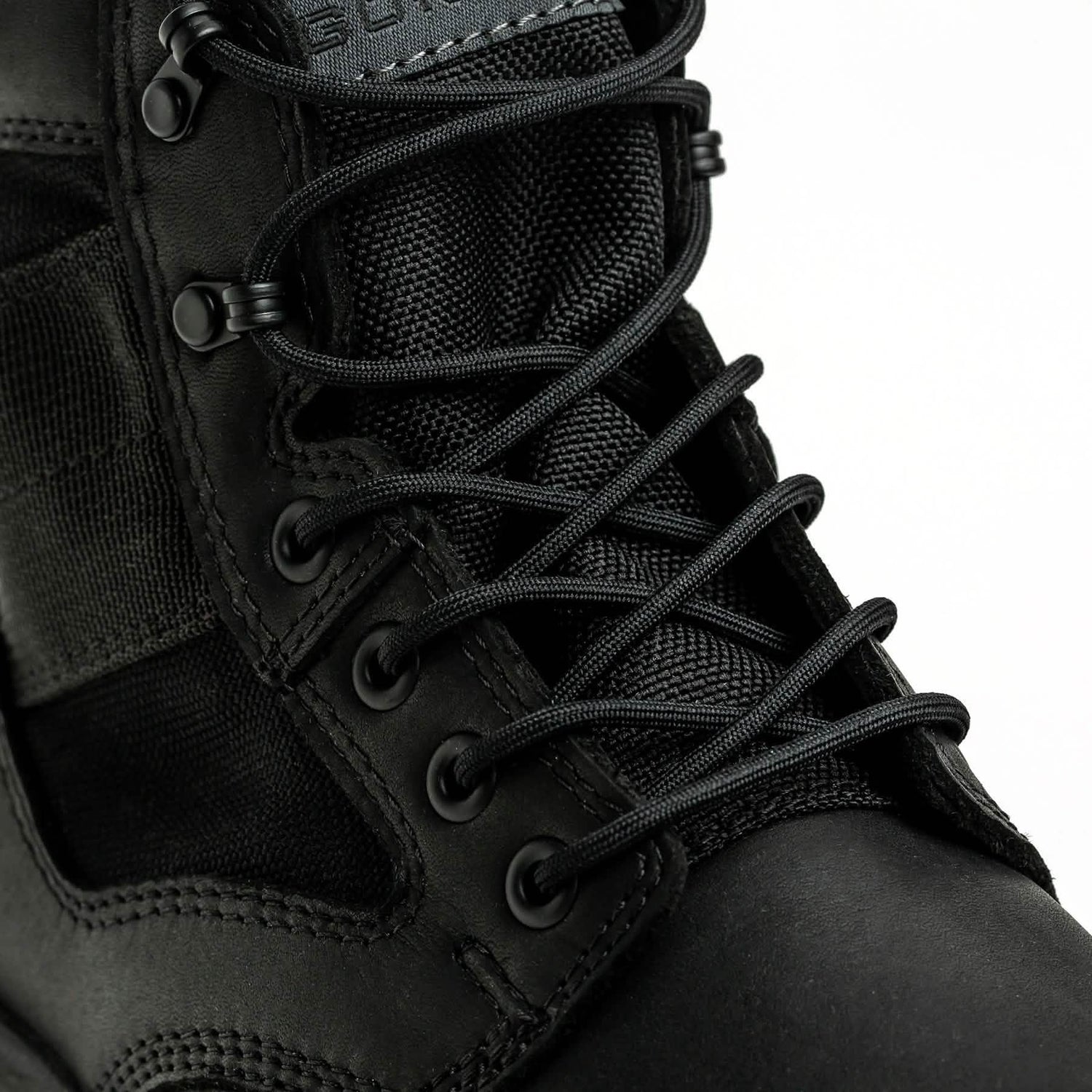 GORUCK black tactical boot close-up with durable laces and rugged stitching detail