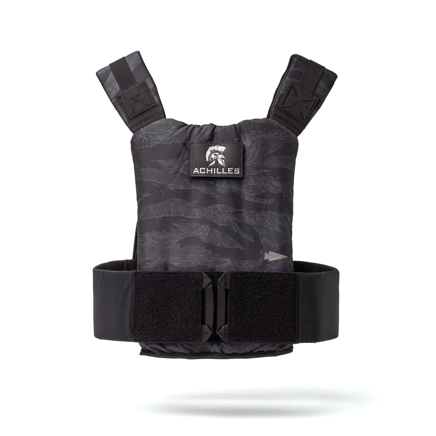 The Achilles Vest is a black tactical plate carrier with adjustable shoulder straps, Velcro waist closures, and the “ACHILLES” logo—designed for rugged durability and performance in any situation.