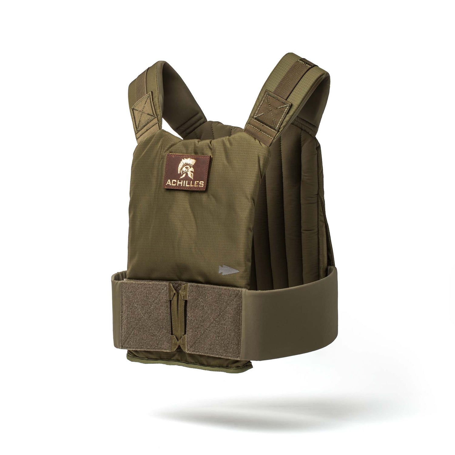The Achilles Vest is a premium men's olive green vest with thick straps, adjustable waistband, and a signature