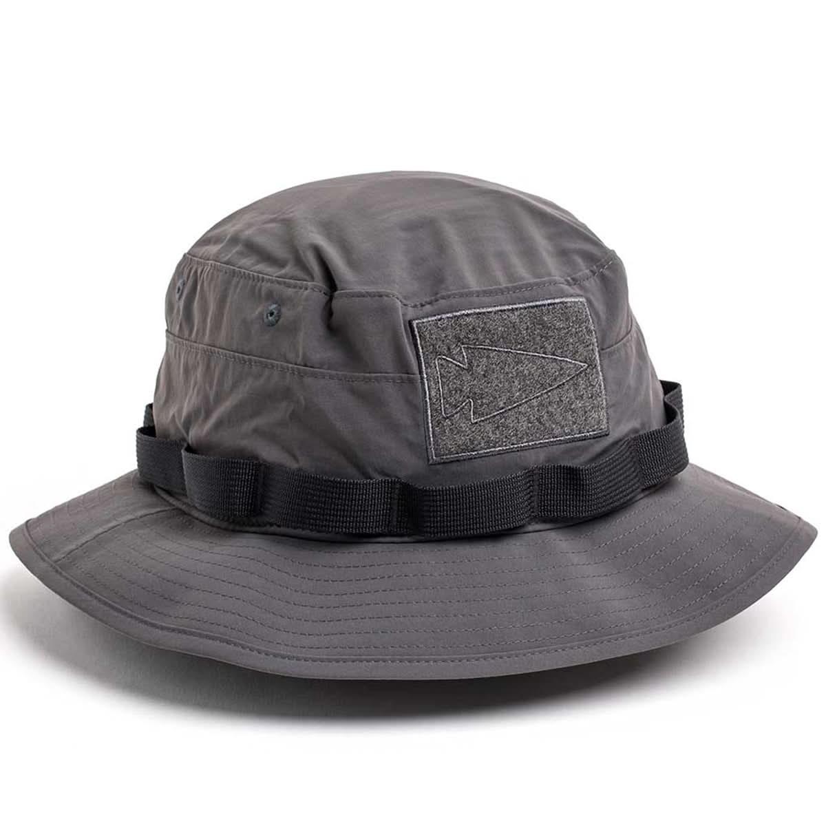 GORUCK charcoal boonie hat with webbing and patch panel featuring arrowhead design