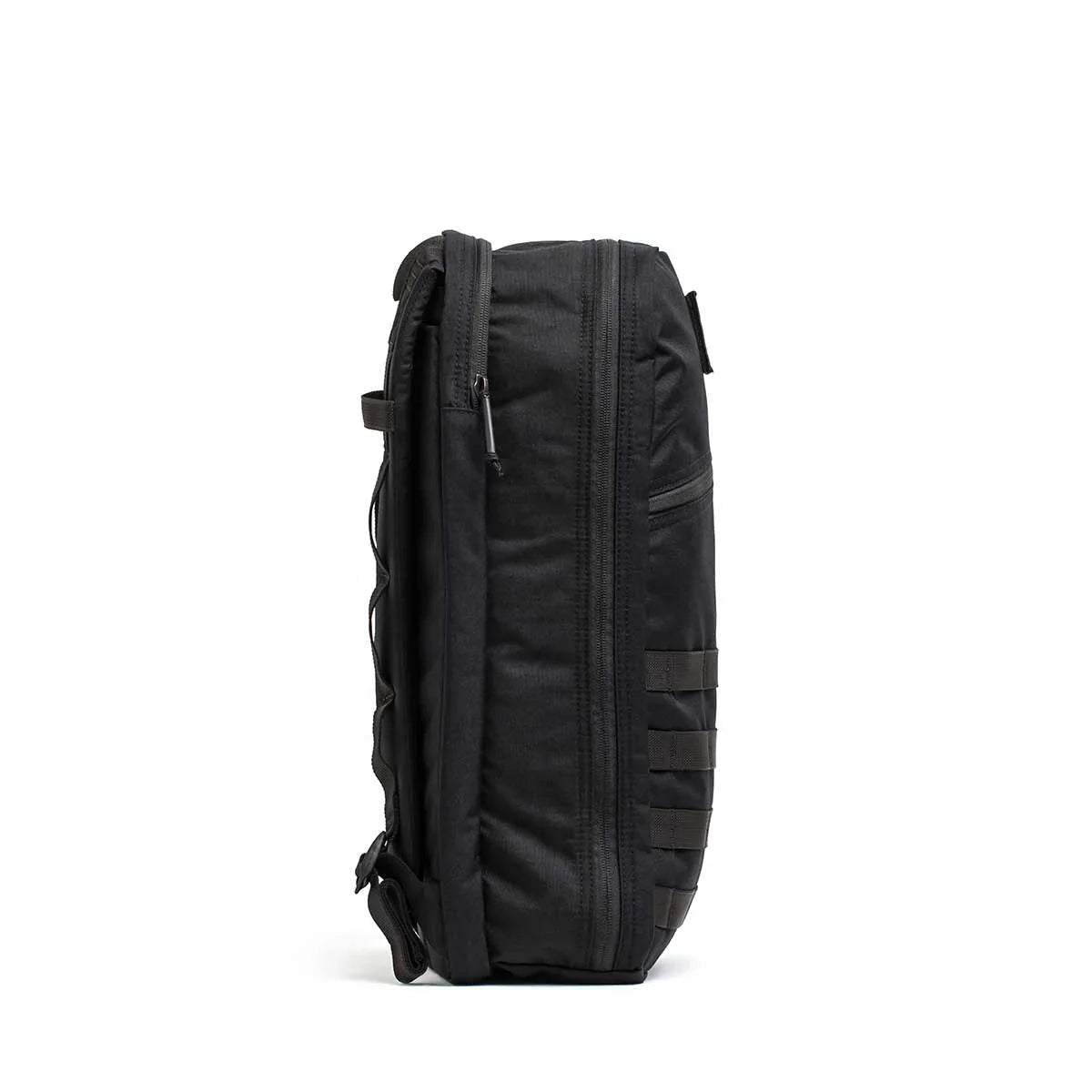 GORUCK Bullet Ruck 15L black backpack side view with rugged zippers and webbing