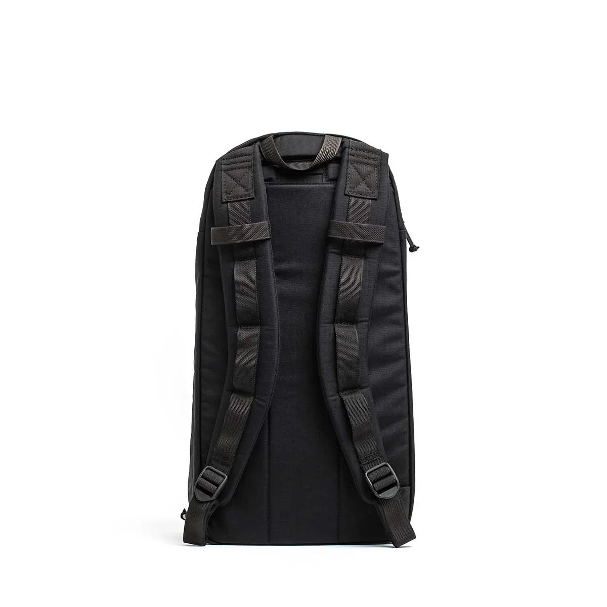 GORUCK Bullet Ruck 15L black rucksack, rear view with padded shoulder straps