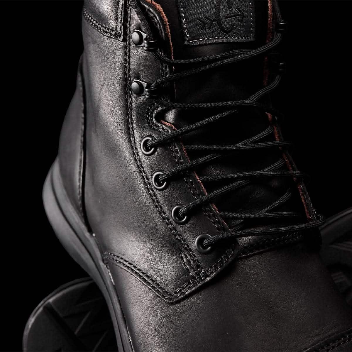 GORUCK black leather rucking boot close-up, durable laces and rugged stitching