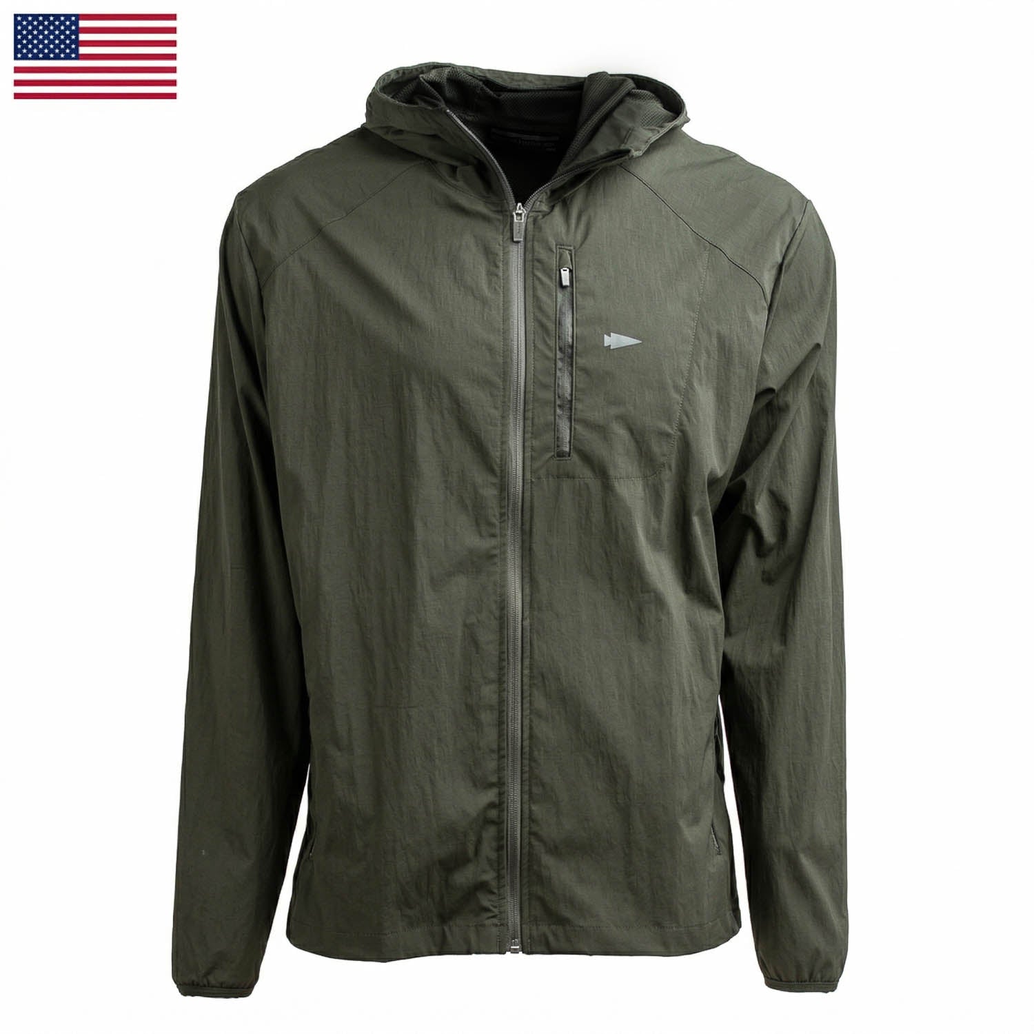 The Indestructible Challenge Windbreaker is an olive green hooded jacket with a front zipper, small logo, and abrasion-resistant ToughDry fabric. Shown on a white background with a US flag in the corner.