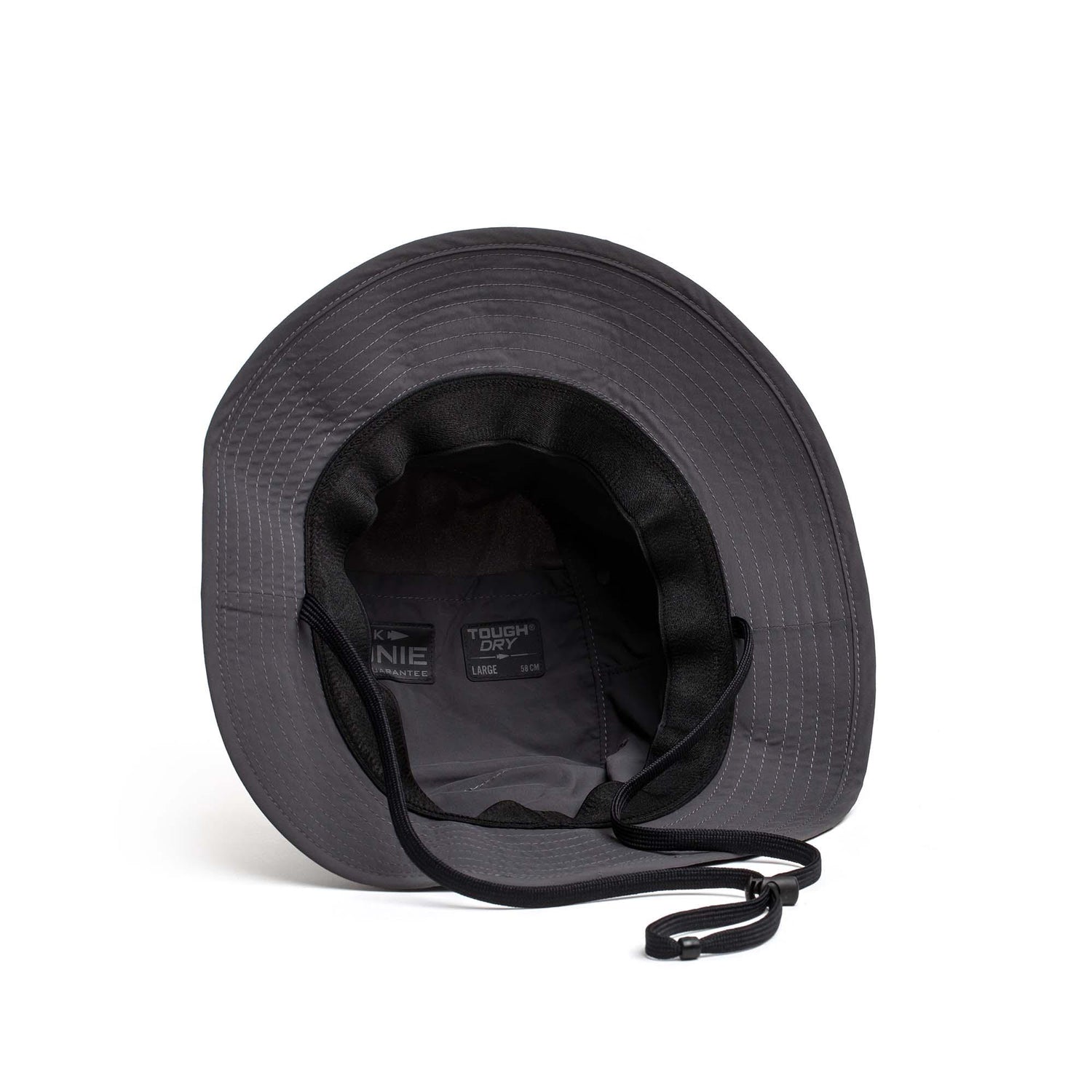 GORUCK charcoal boonie hat with chin strap and tough, water-resistant fabric, top view.