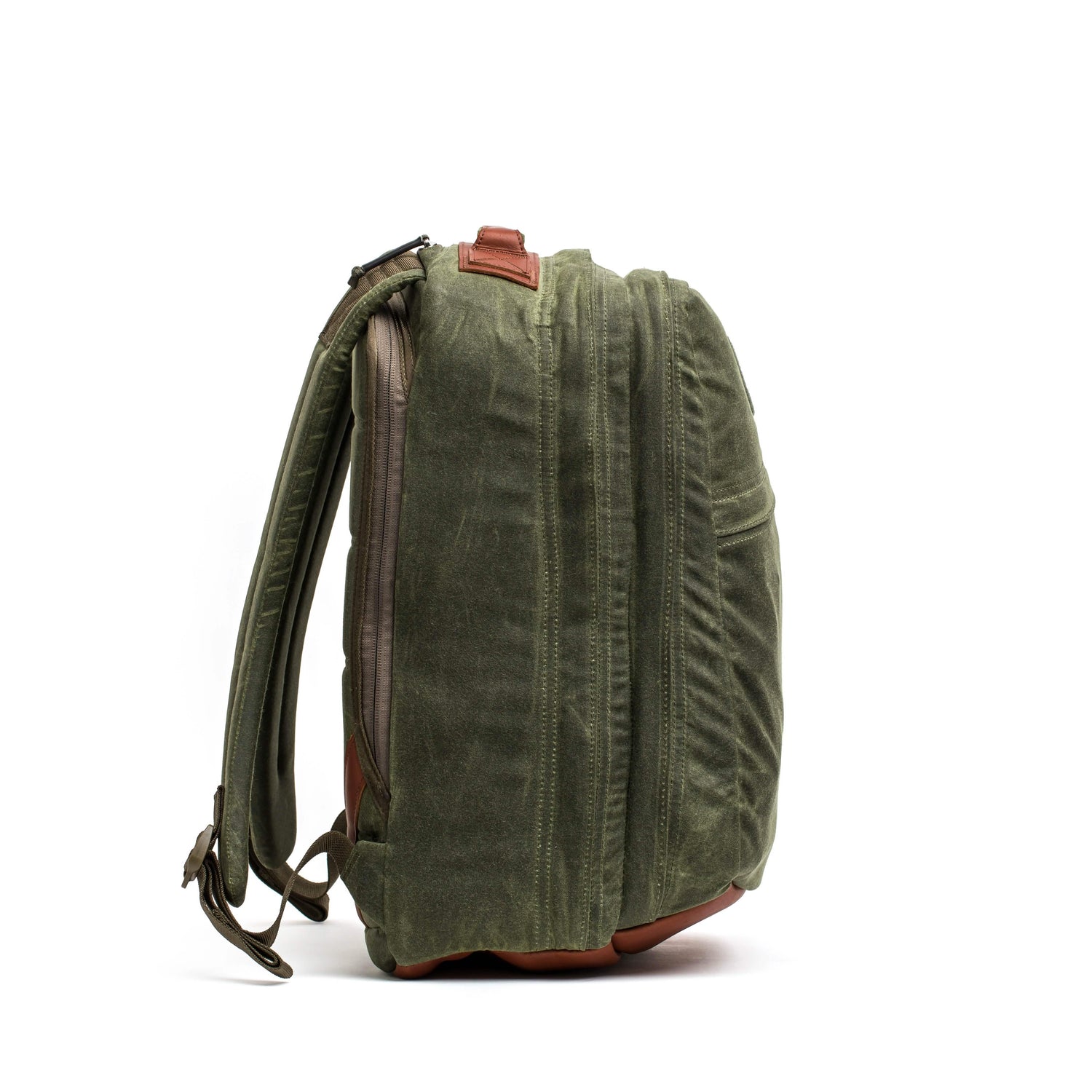 GORUCK olive waxed canvas backpack with brown leather accents side view