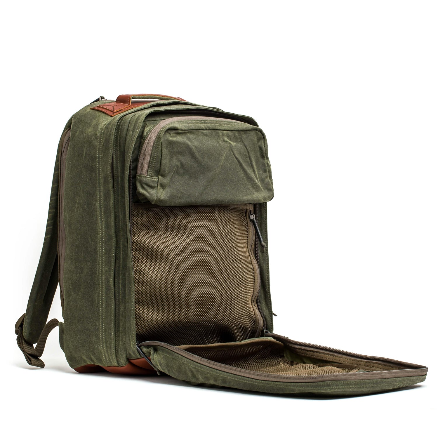 GORUCK olive waxed canvas backpack with brown leather accents and open top stash pocket
