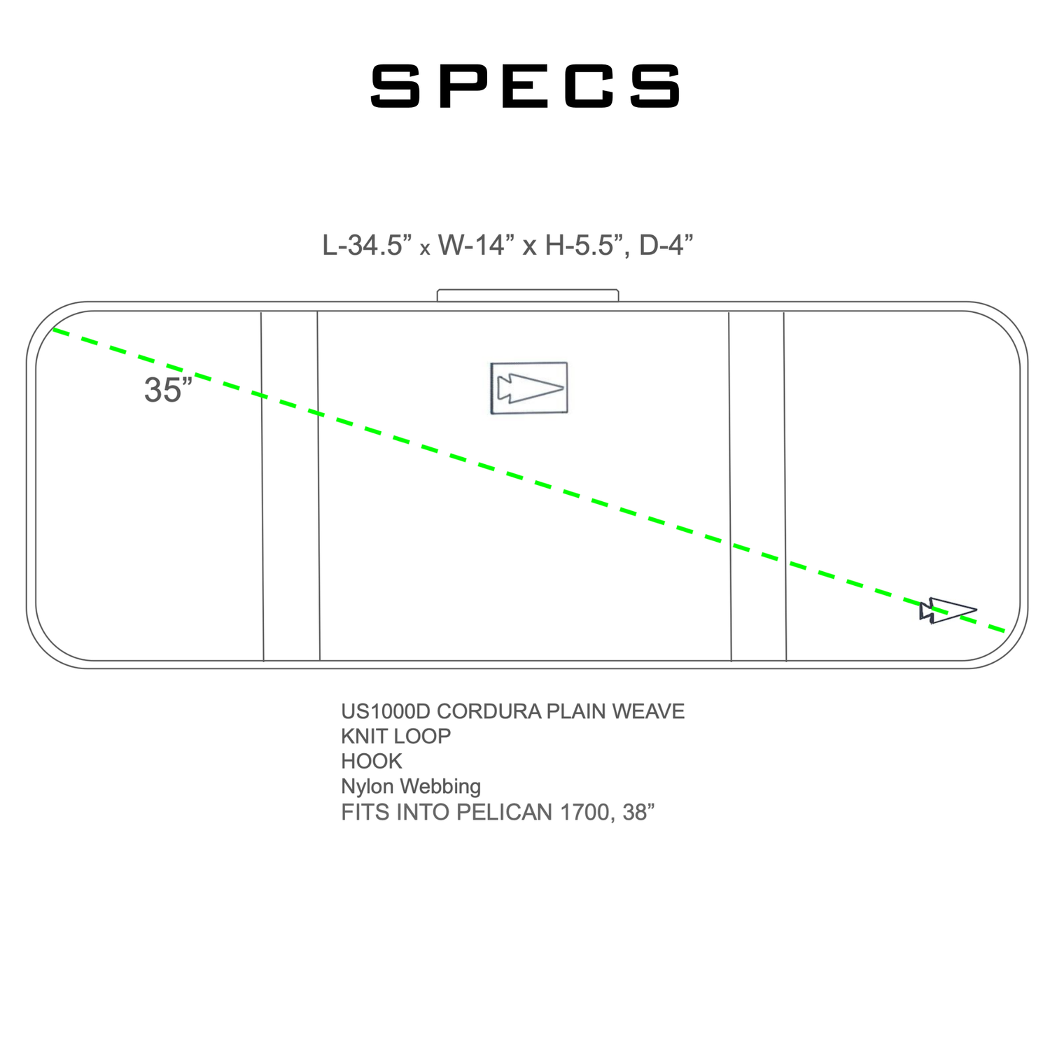 Rectangular case dimensions with labeled diagonal measurement showcase the Rifle Case’s modular design and hard case compatibility; materials and specs are listed below the outline drawing.