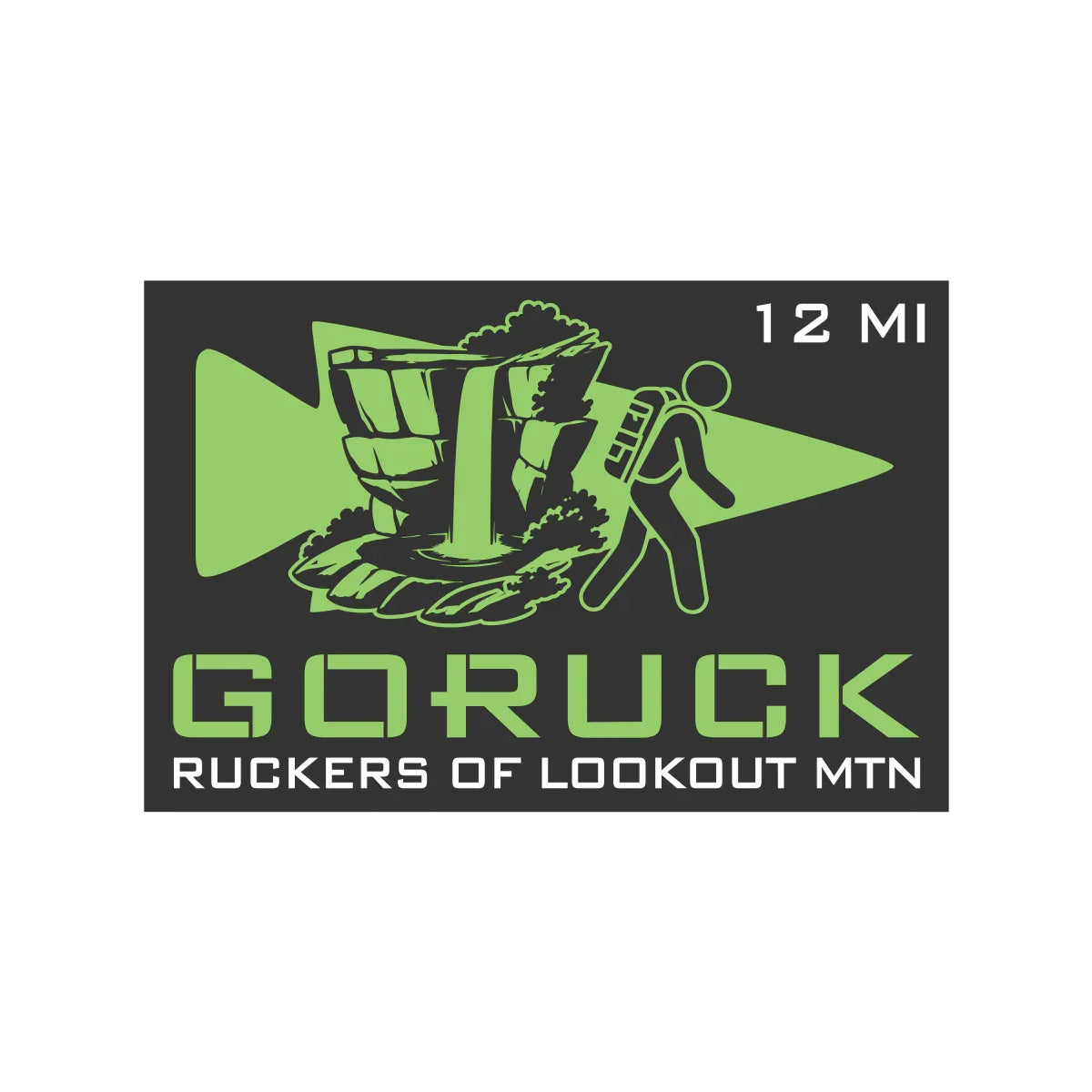 GORUCK Ruckers of Lookout Mountain 12 mile patch with hiker and waterfall graphic.
