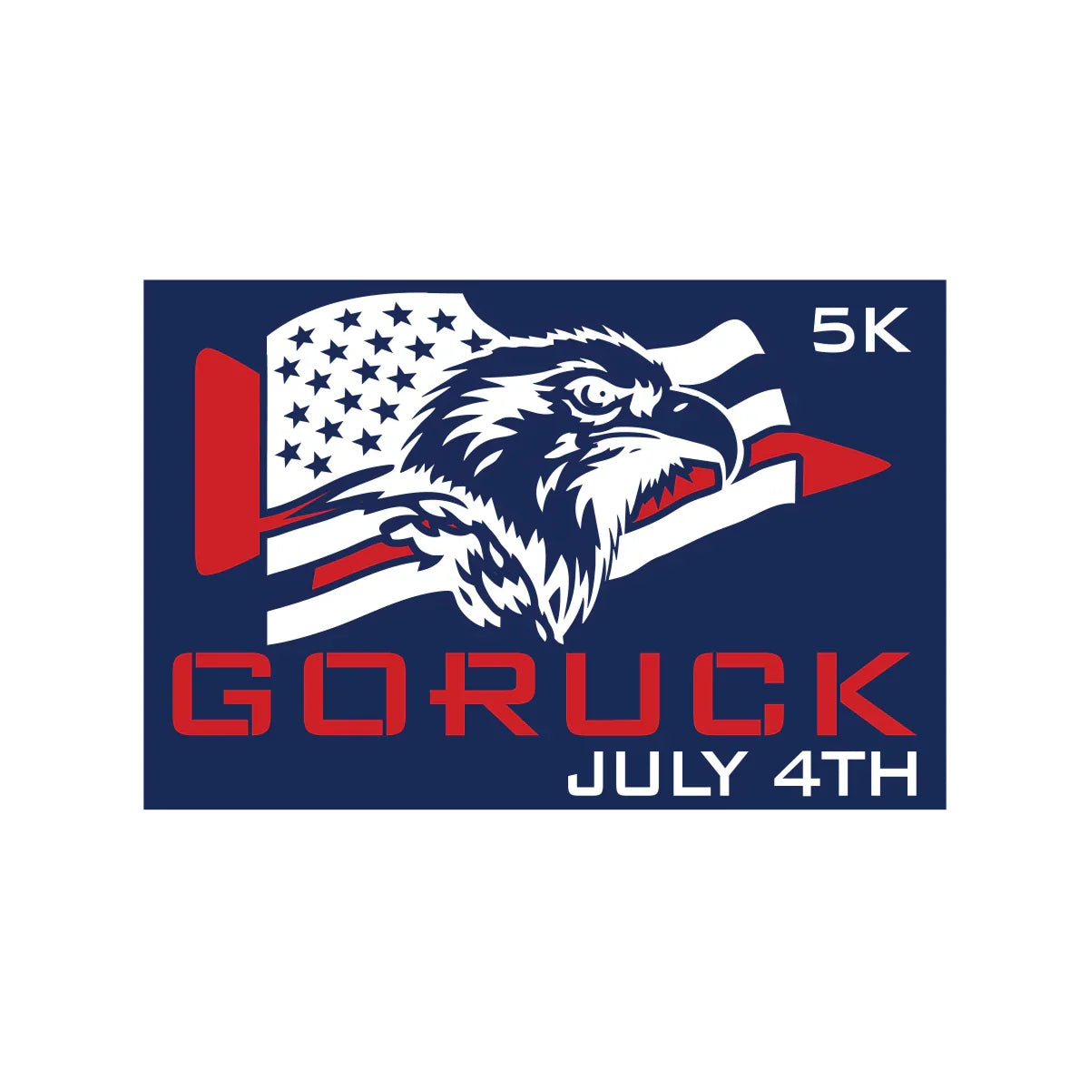 GORUCK 5K July 4th logo with American flag, eagle head, and bold red lettering.