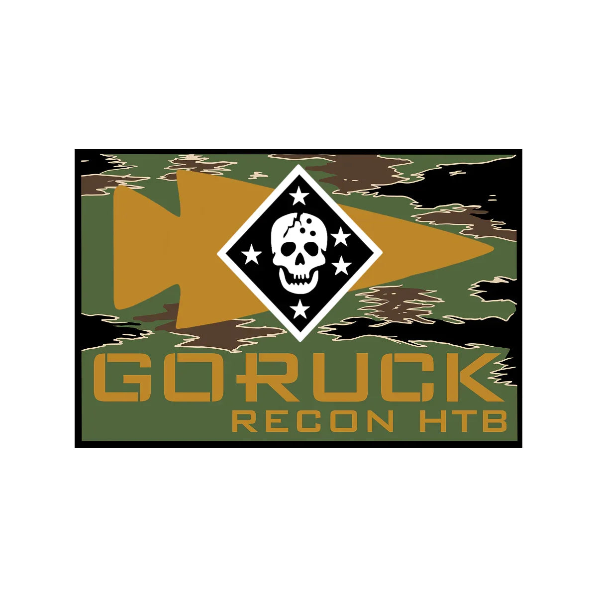 GORUCK Recon HTB patch with skull logo and stars on camouflage background