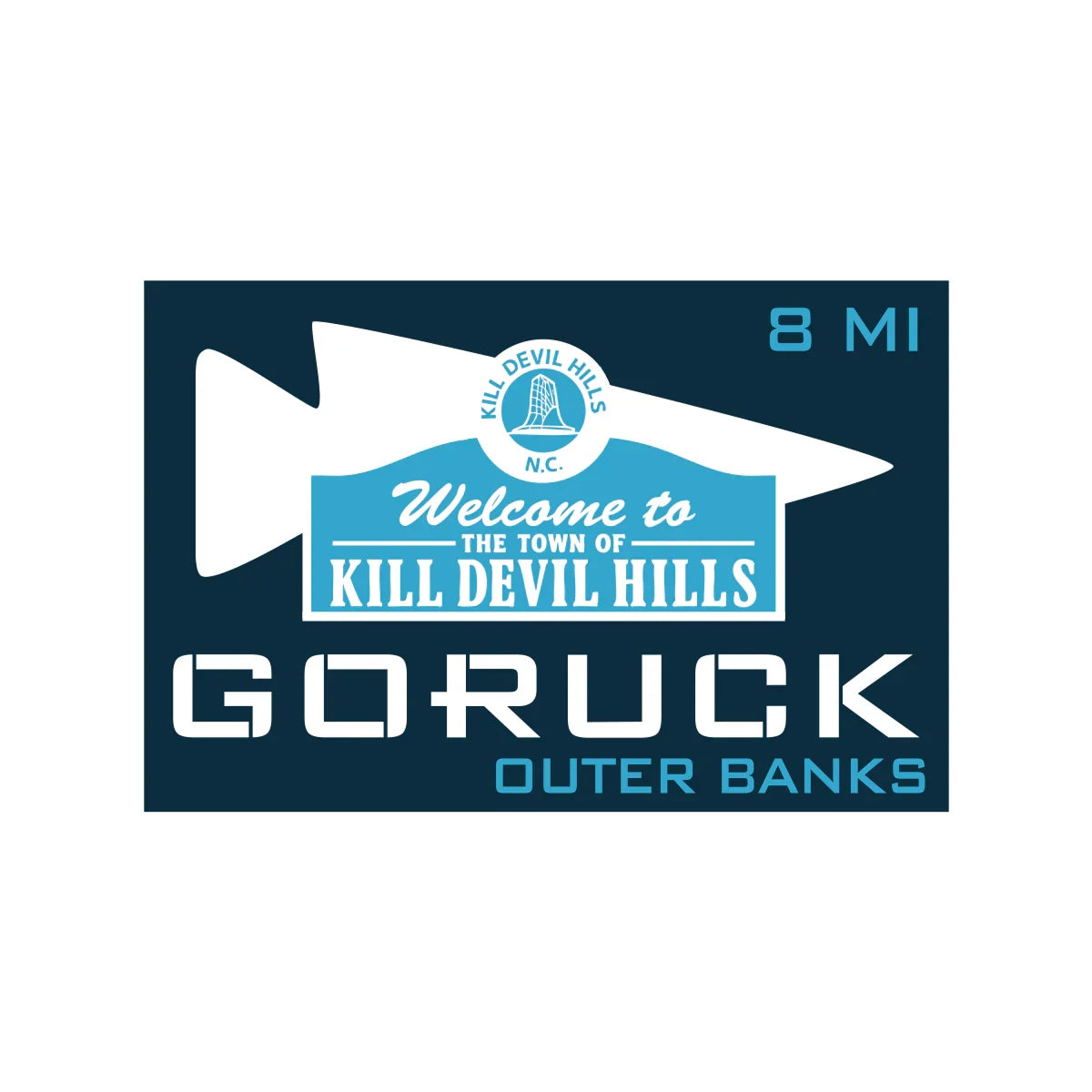 GORUCK Outer Banks Kill Devil Hills welcome sign graphic, blue and white, 8 miles