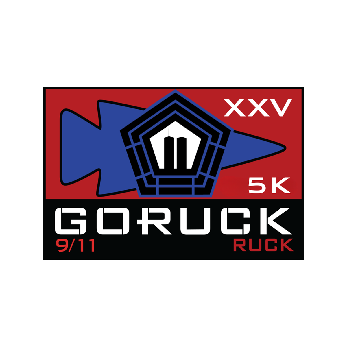 Salt Lake City 9/11 (25th Anniversary) Event Weekend badge featuring a blue arrow, pentagon icon, and red, black, and white elements—created for the 9/11 Commemorative Events.