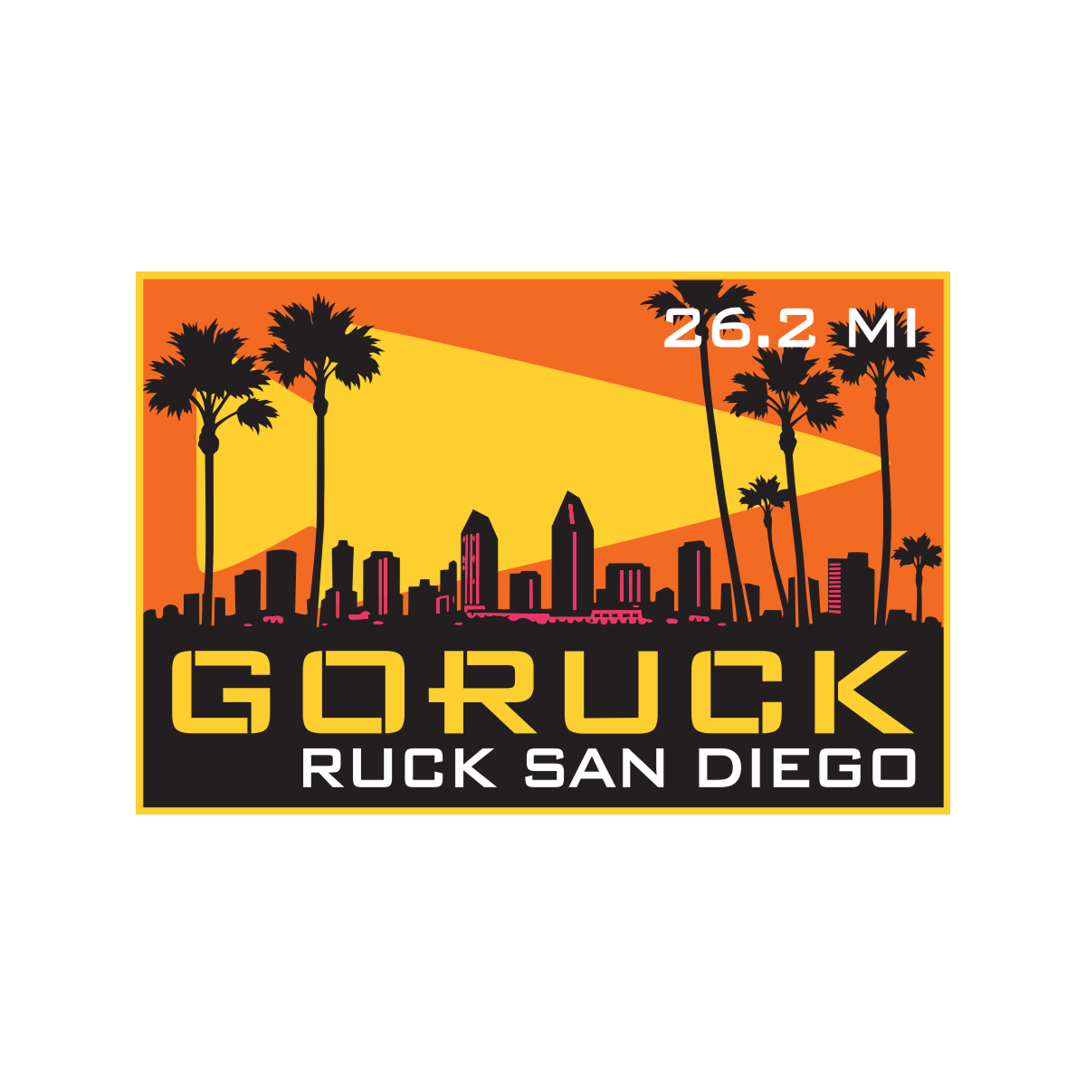 The Ruckapalooza San Diego - Fitness Party & City Ruck Weekend logo features the city skyline, palm trees, an orange sky, and