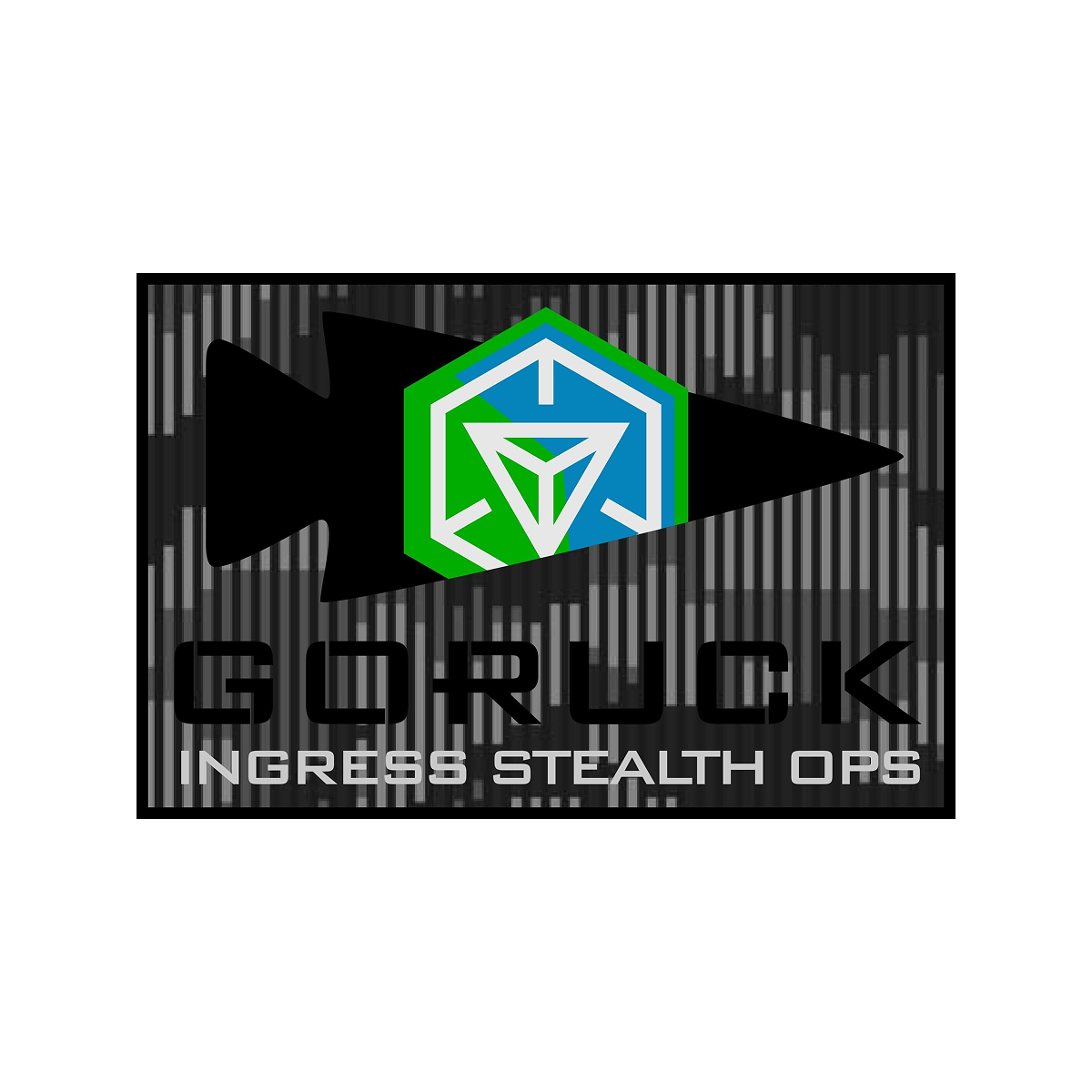 A black arrow with a hexagon logo; text reads