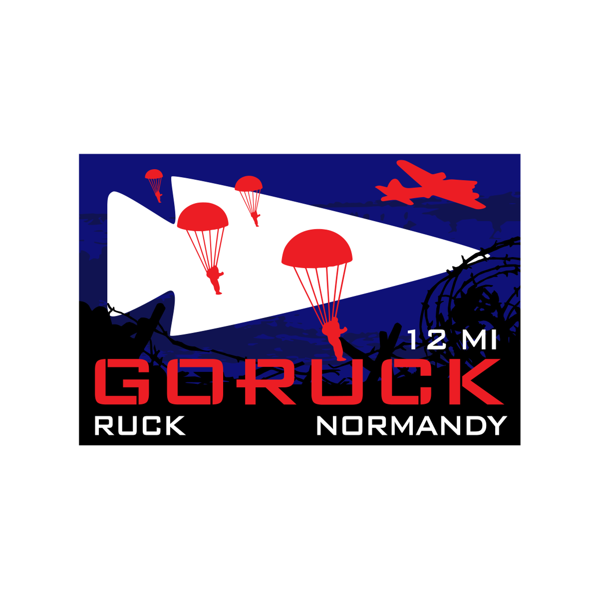 A patch from the Normandy Event Weekend features parachutes, a plane, and