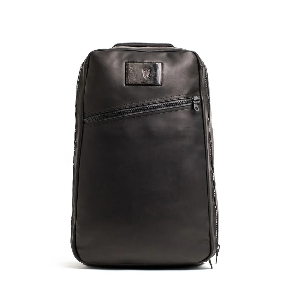 GORUCK black leather rucking backpack with angled zip pocket on white background