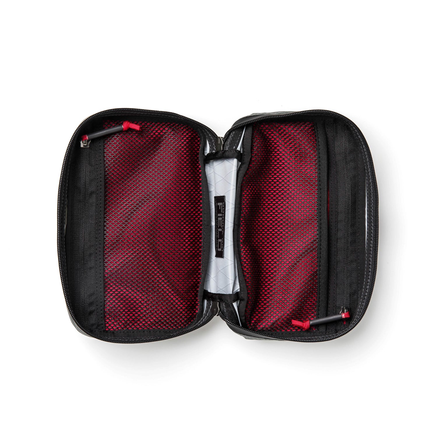 Open GORUCK Field Pocket XPAC in charcoal and red, showing interior mesh pockets for rucking gear.