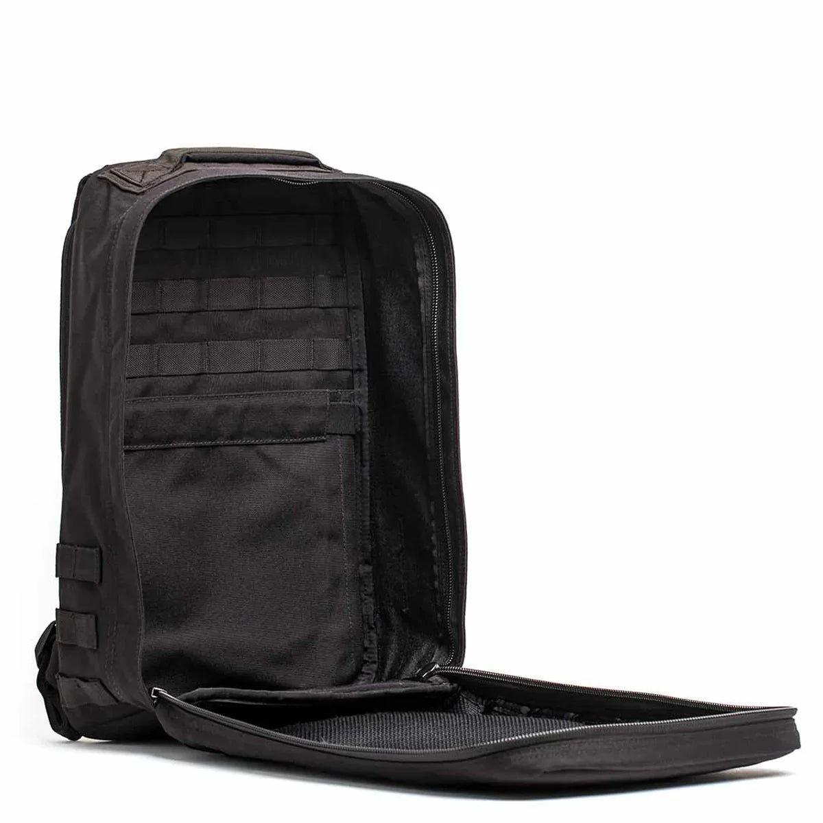 GORUCK GR1 black rucksack open to show spacious interior and durable rucking gear design