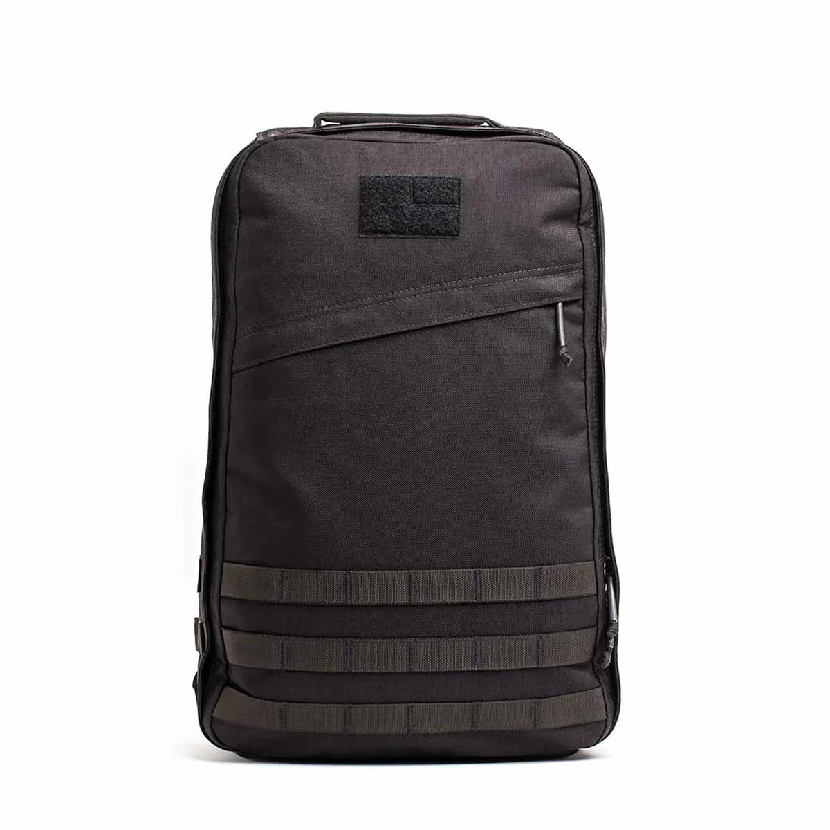 GORUCK GR1 black rucksack backpack with MOLLE webbing and top handle, front view