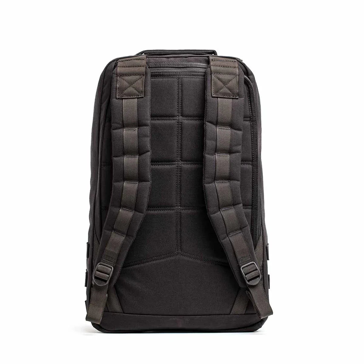 GORUCK rucking backpack in black with padded straps, rear view on white background