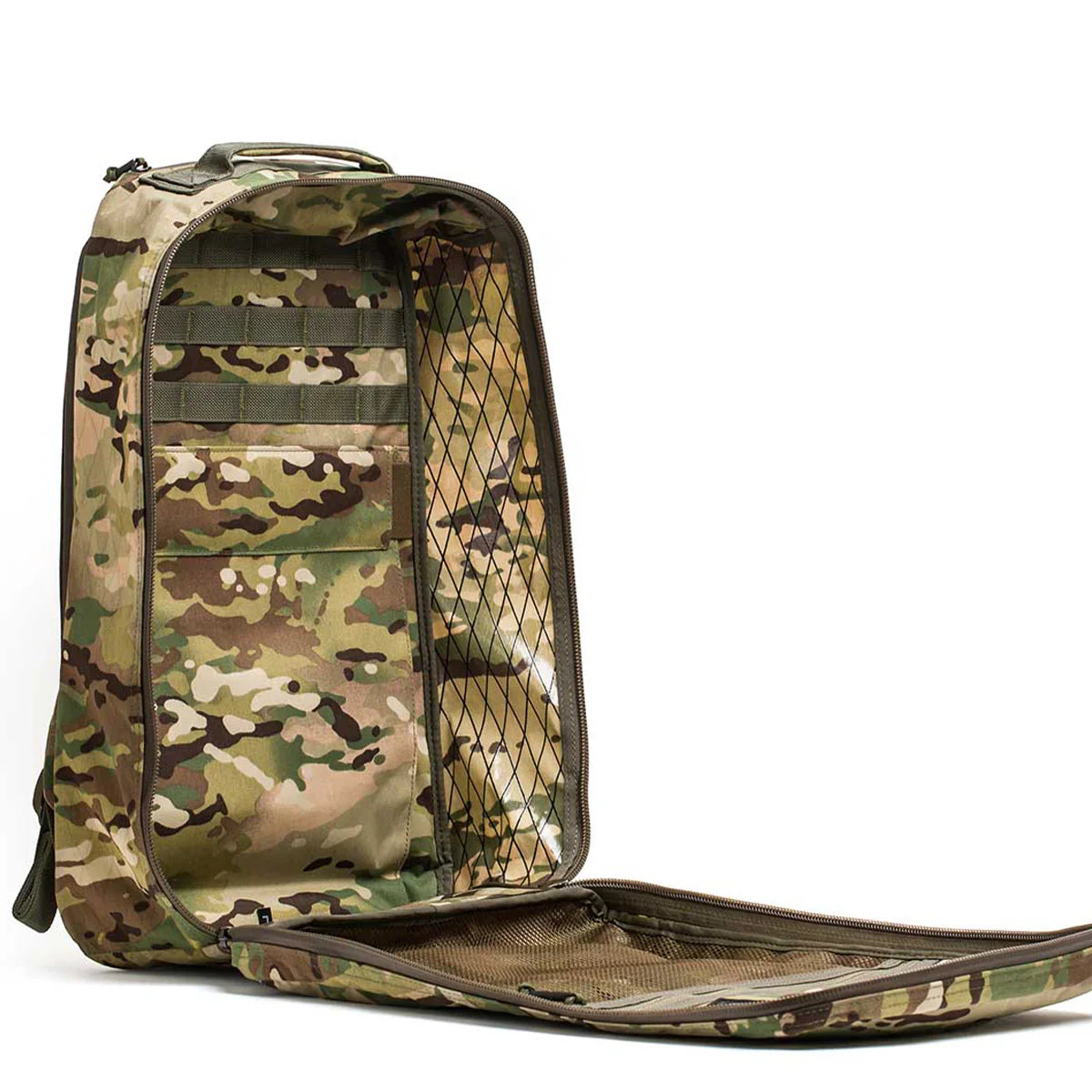 GORUCK GR1 26L Multicam XPAC backpack open, showing interior pockets and mesh compartments.