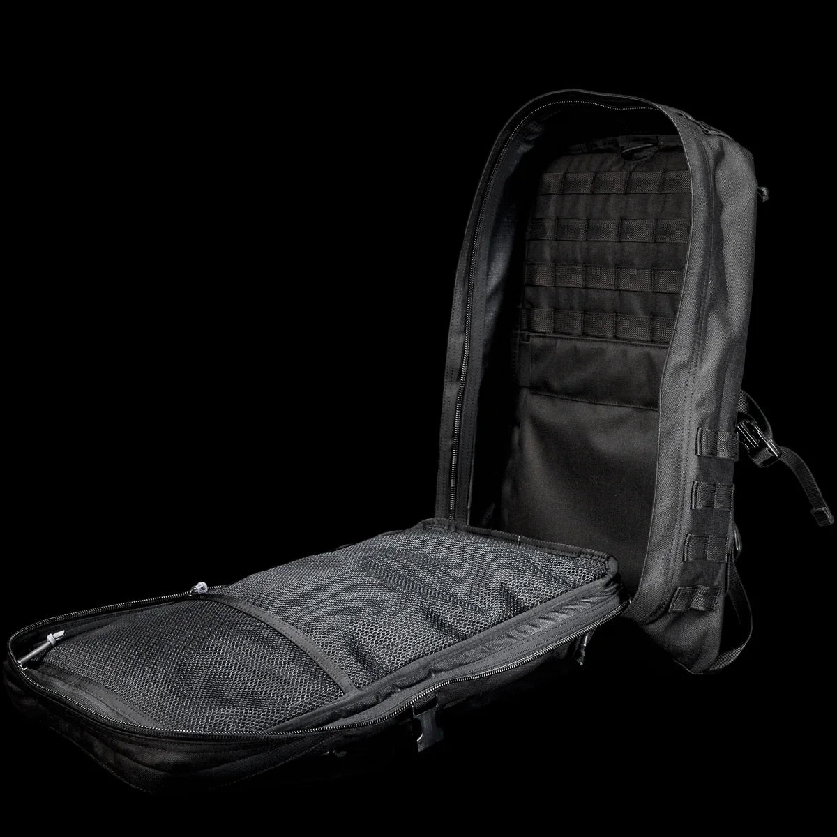 GORUCK black rucking backpack open to show spacious interior and mesh pockets