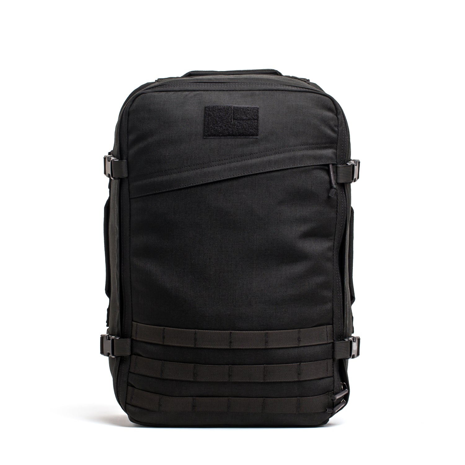 The GR3 is a black 45L backpack featuring buckles, straps, and front MOLLE webbing. Water resistant and built for durability, this carry-on rucksack stands upright and suits any adventure.