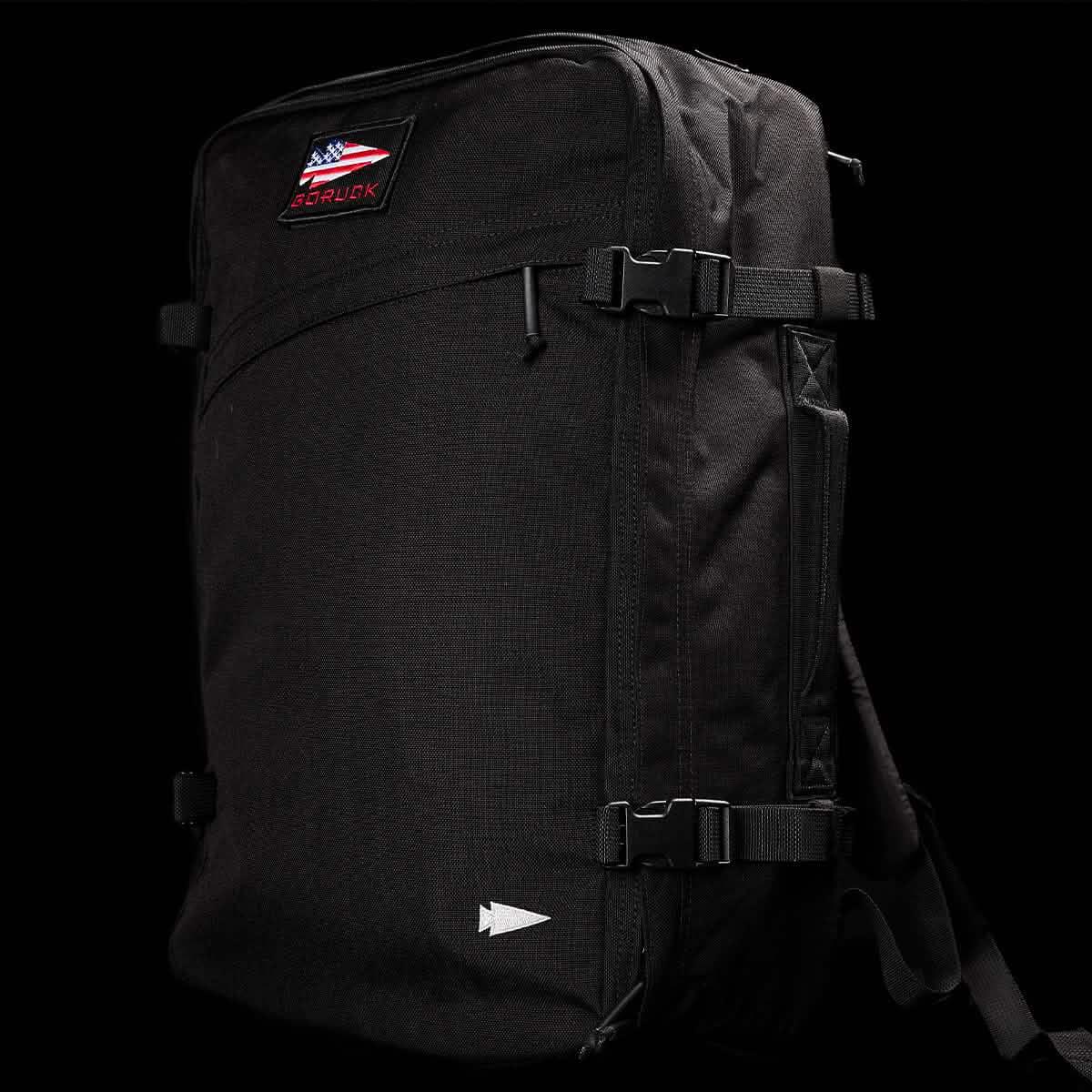 GORUCK black rucksack backpack with American flag patch, rugged gear for rucking
