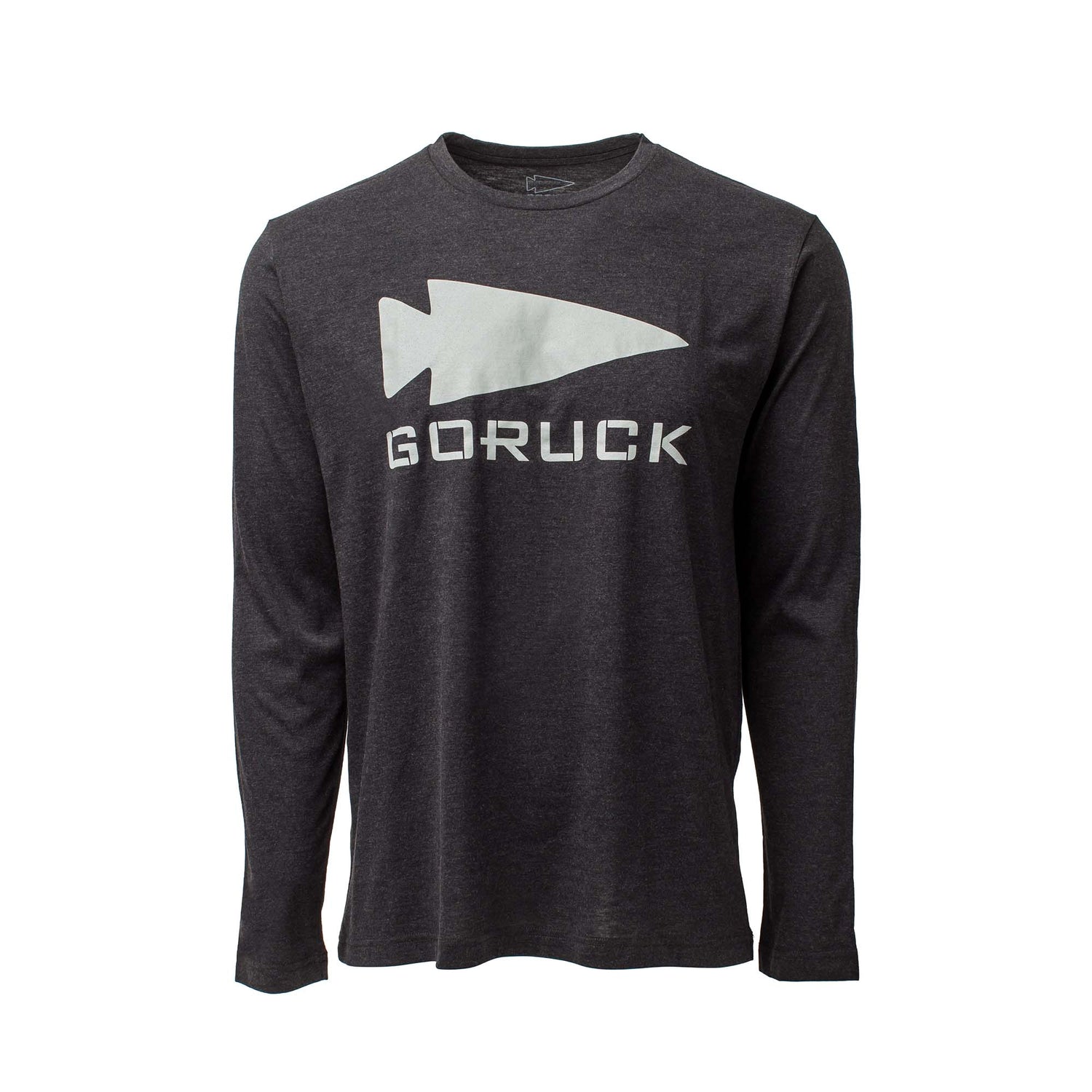 The Men's GORUCK Spearhead Long Sleeve - Tri-BlendX is a dark gray shirt with a large white spearhead and