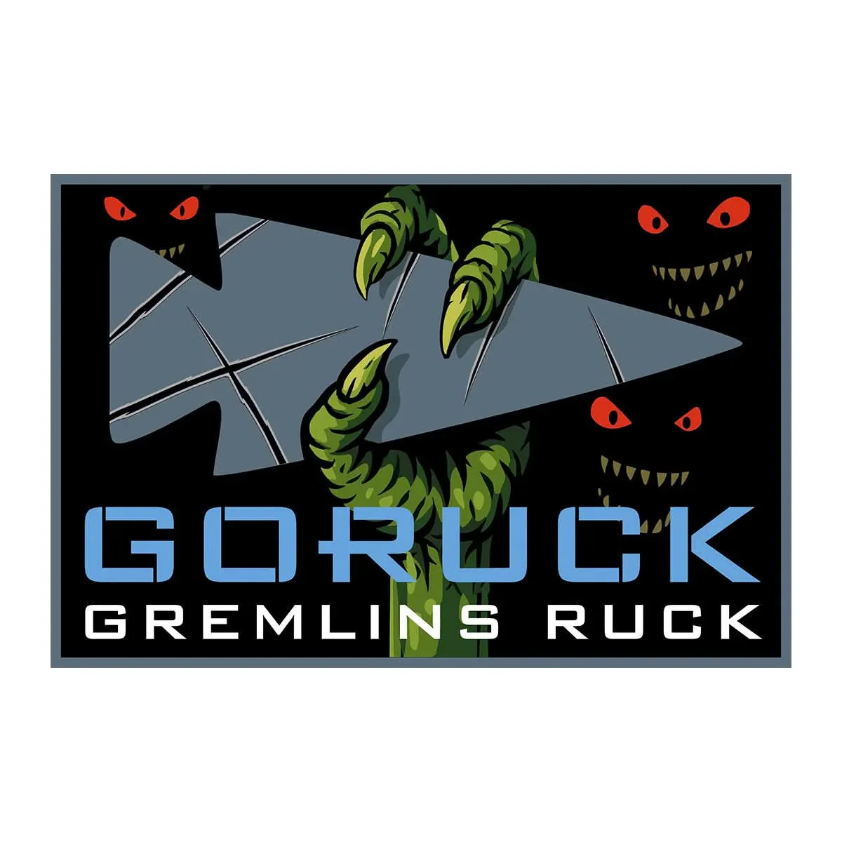 GORUCK Gremlins Ruck patch with green monster claws, sharp eyes, and rucking arrow logo