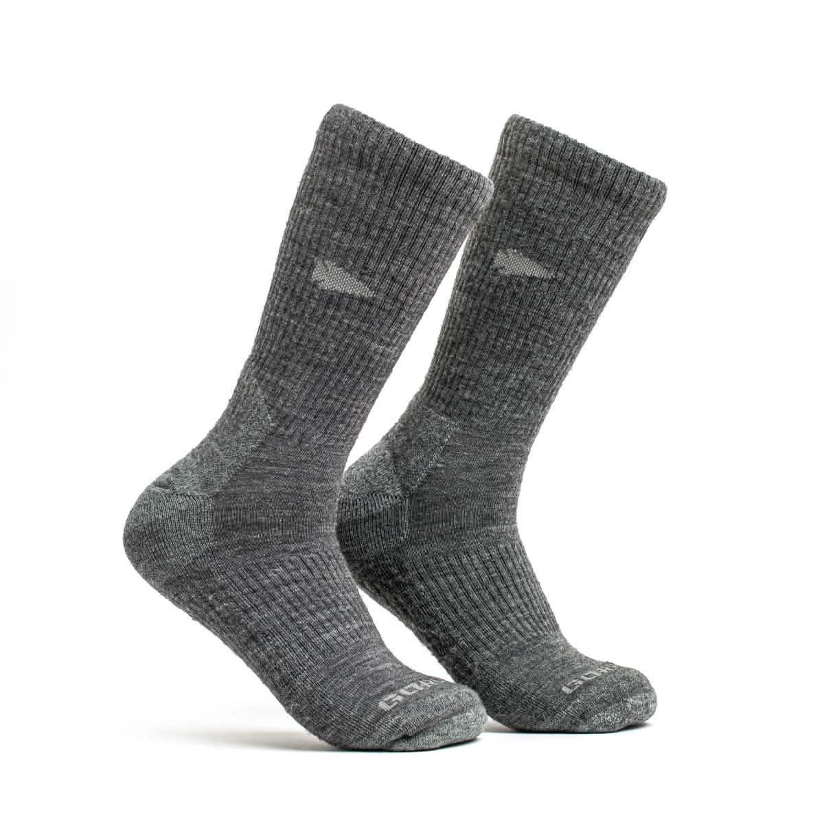 GORUCK charcoal merino wool long crew socks for rucking, two socks on white background