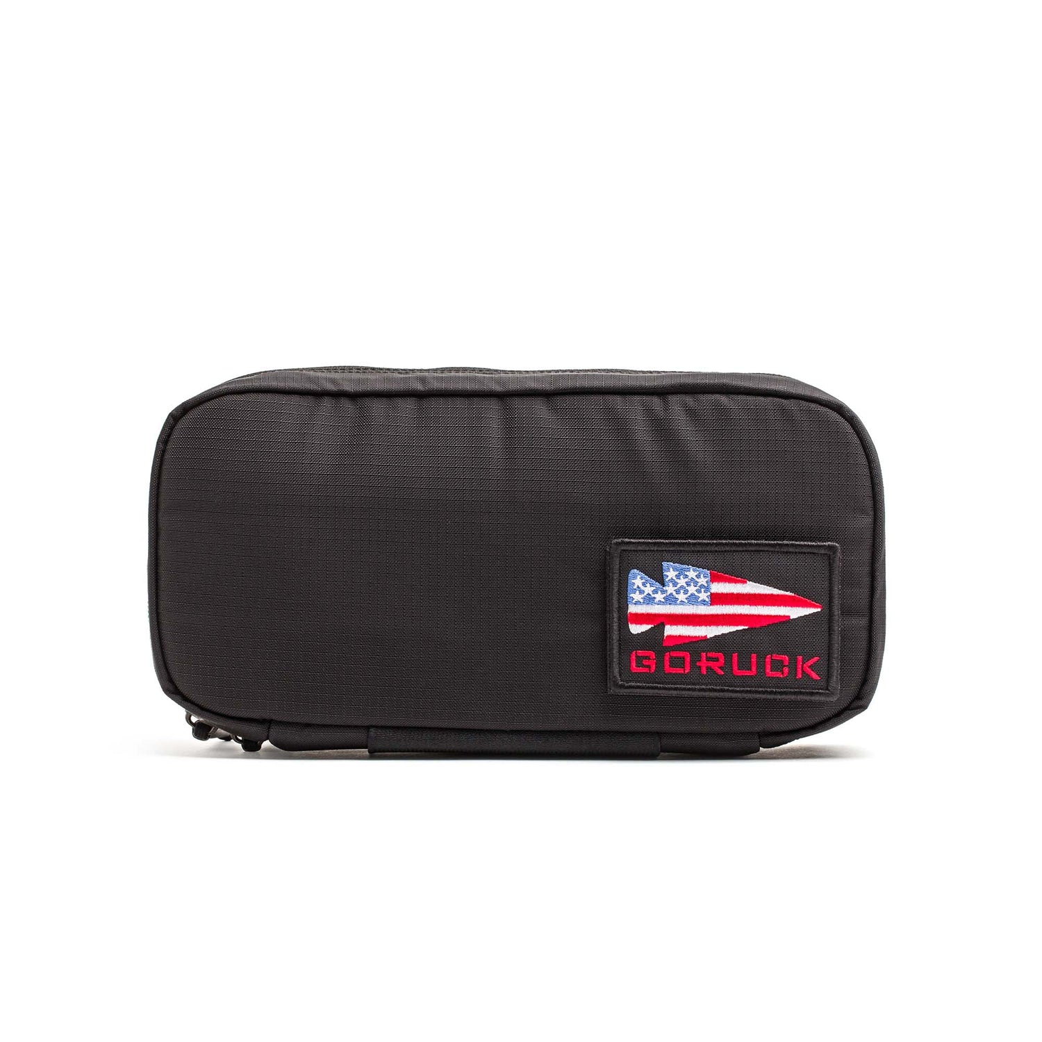 The GORUCK IFAK is a black zippered pouch featuring a patch with a U.S. flag arrow and