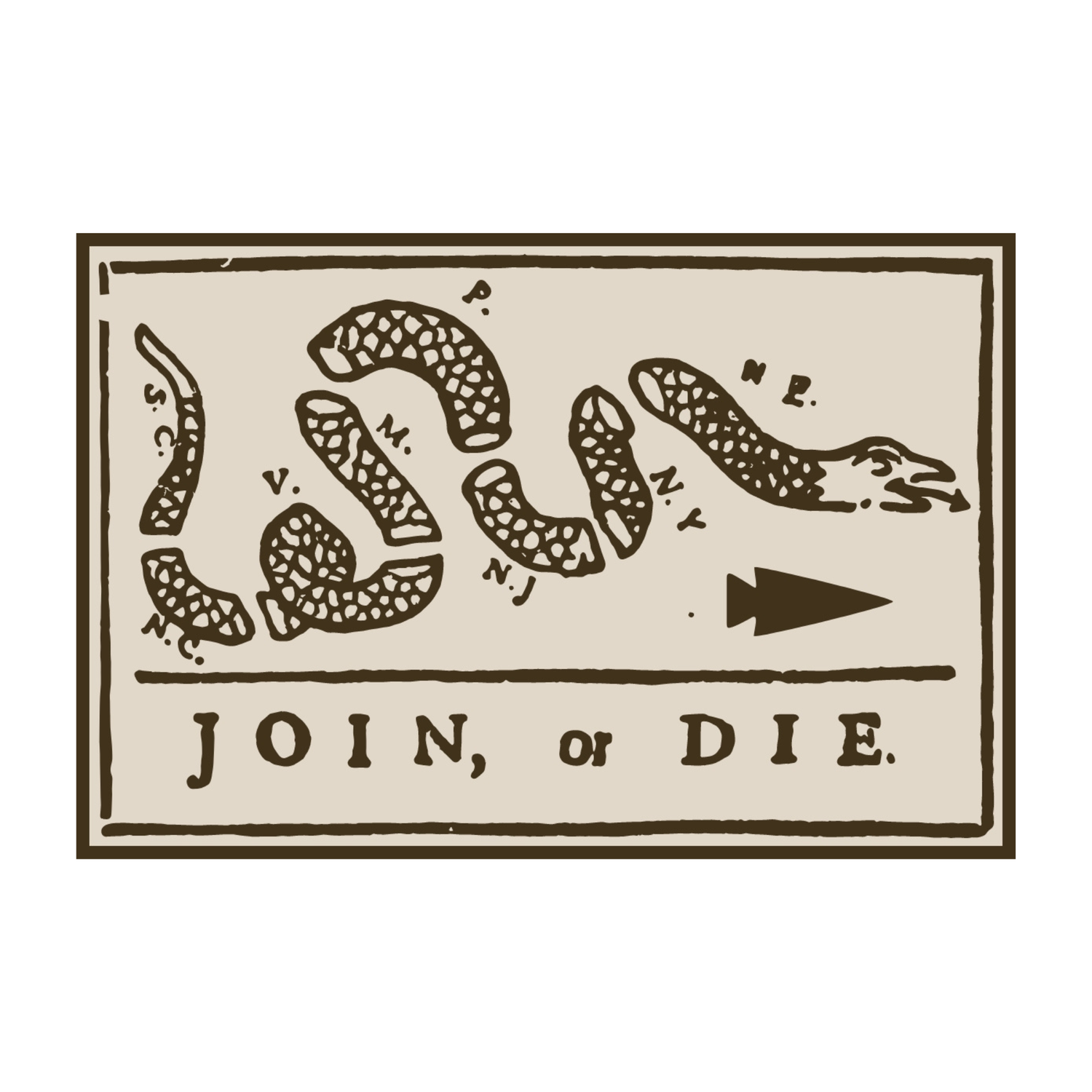 The Join or Die Ruck features the iconic segmented snake labeled with colonies and