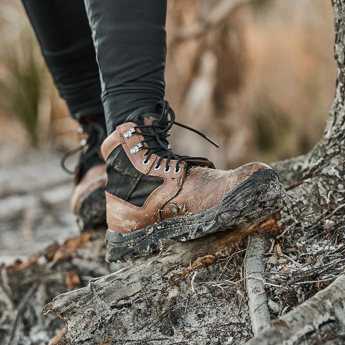 GORUCK MACV-2 brown and black rugged boots on outdoor trail, tough rucking footwear