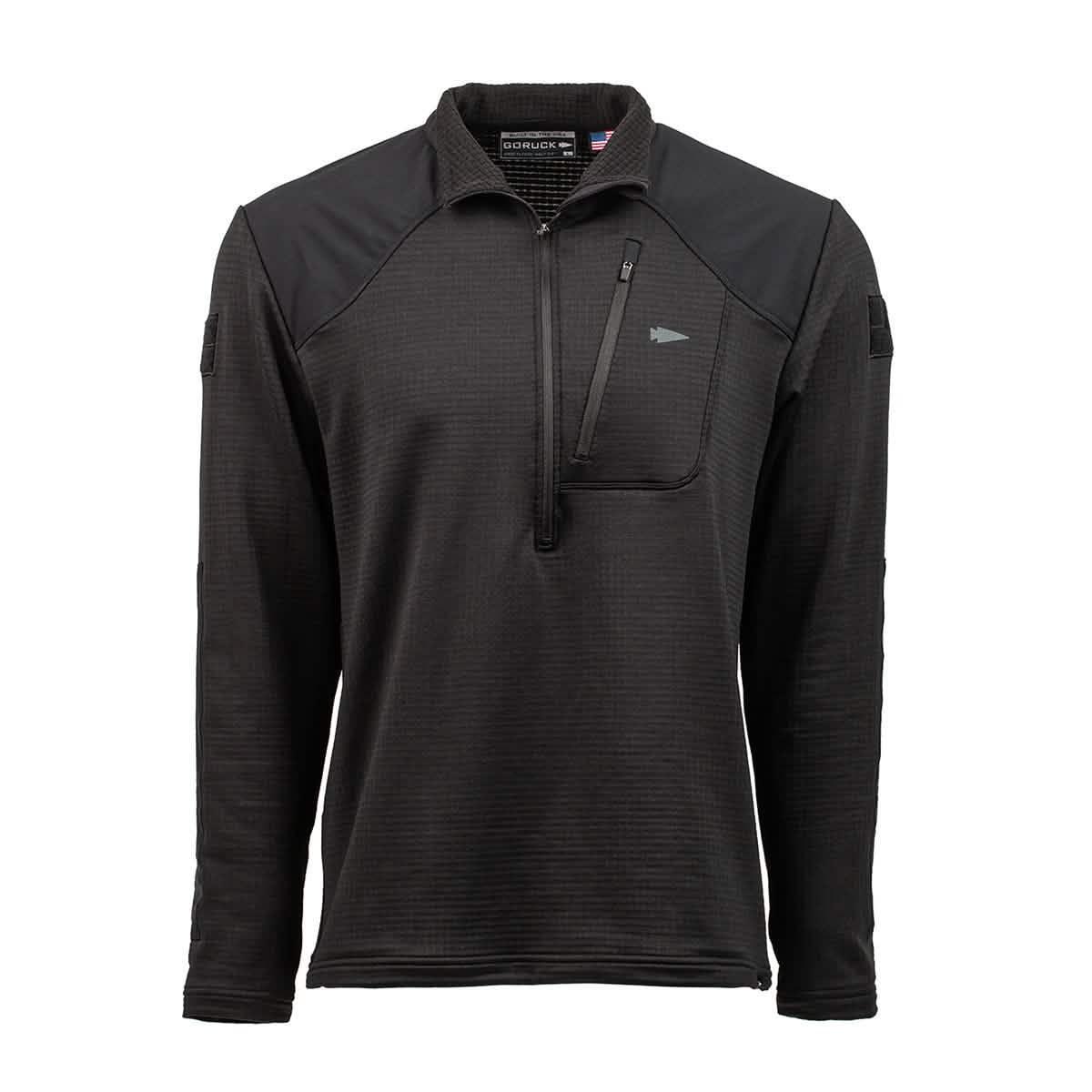 Men’s Half Zip - Polartec Grid Fleece in black, featuring a fleece lining, quarter-zip neckline, and chest zipper pocket, shown on a white background.