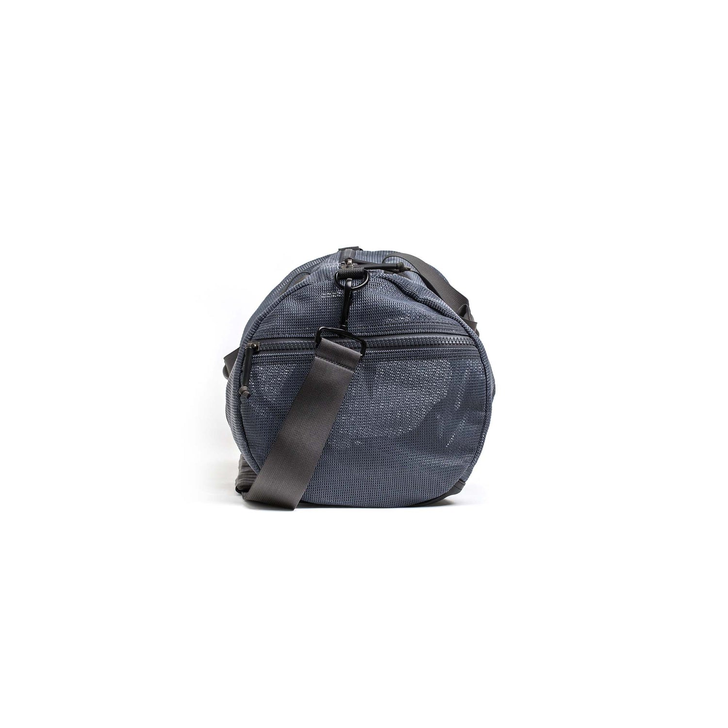 Mesh Gym Bag in dark gray with a textured finish and black adjustable strap, displayed upright on a white background.