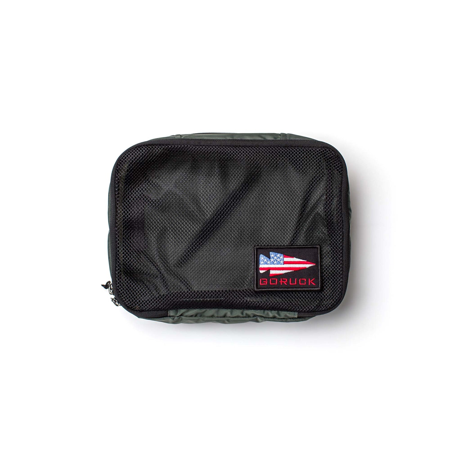Packing Cubes: Black zippered pouch made of durable 200D nylon with a mesh front for visibility and a GORUCK logo patch with the American flag—ideal for travel organization or use as packing cubes.