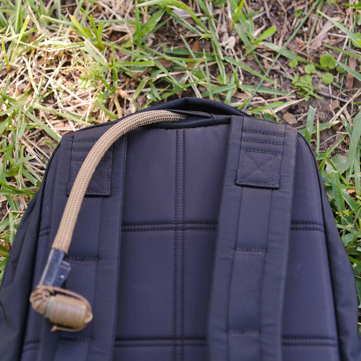 A close-up of a black backpack with a tan hydration tube, lying on green grass.