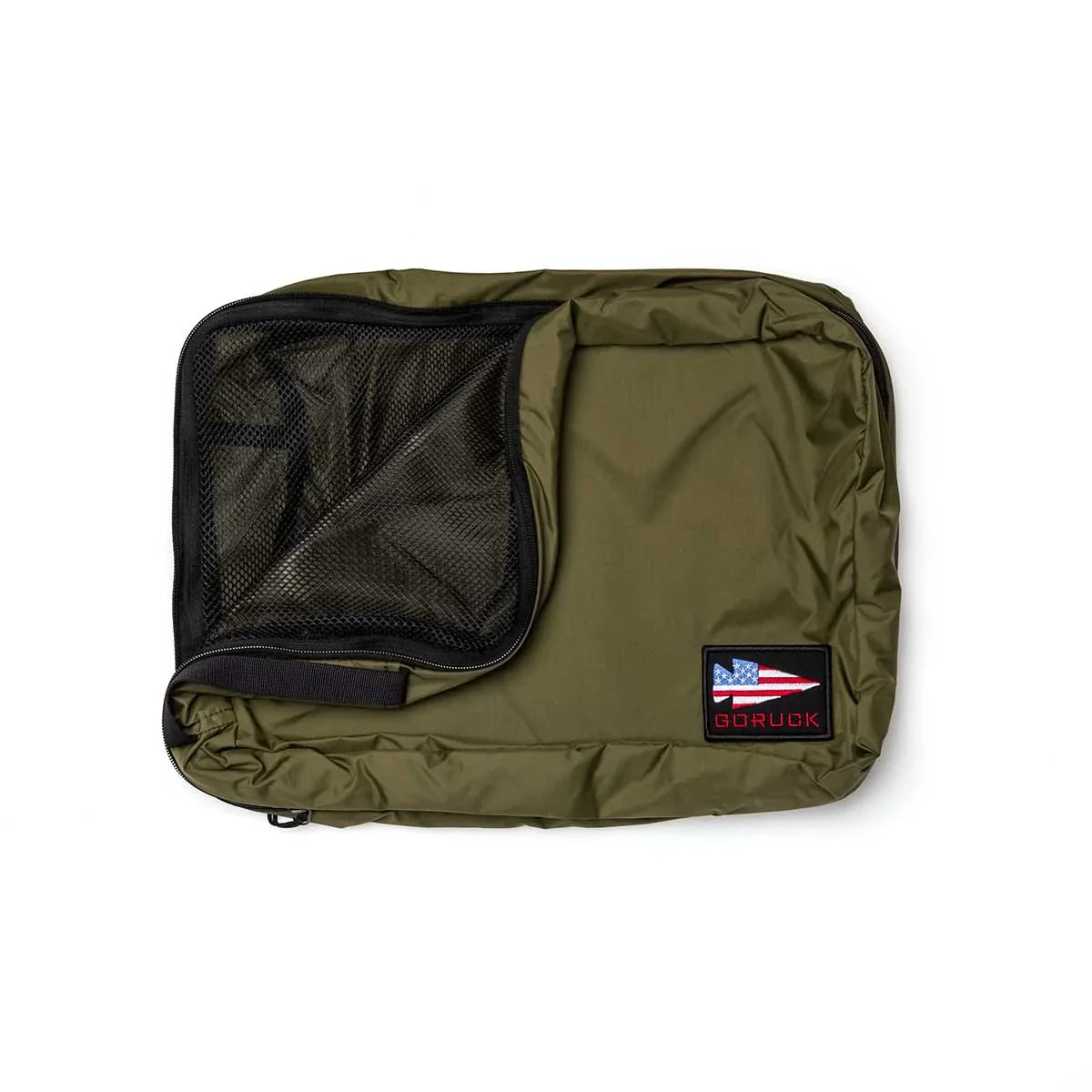 GORUCK Ranger Green 20L packing cube with mesh top panel and USA flag patch
