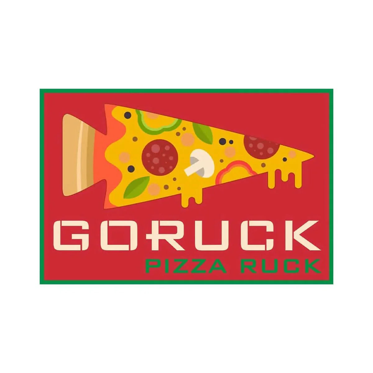 GORUCK Pizza Ruck patch with colorful pizza slice and bold text on red background
